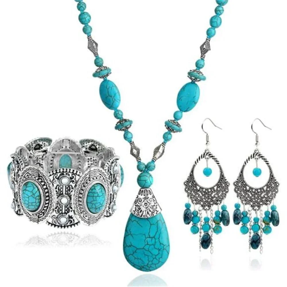 Bohemian Turquoise Necklace Earrings Bracelet Set-Western Jewelry set-